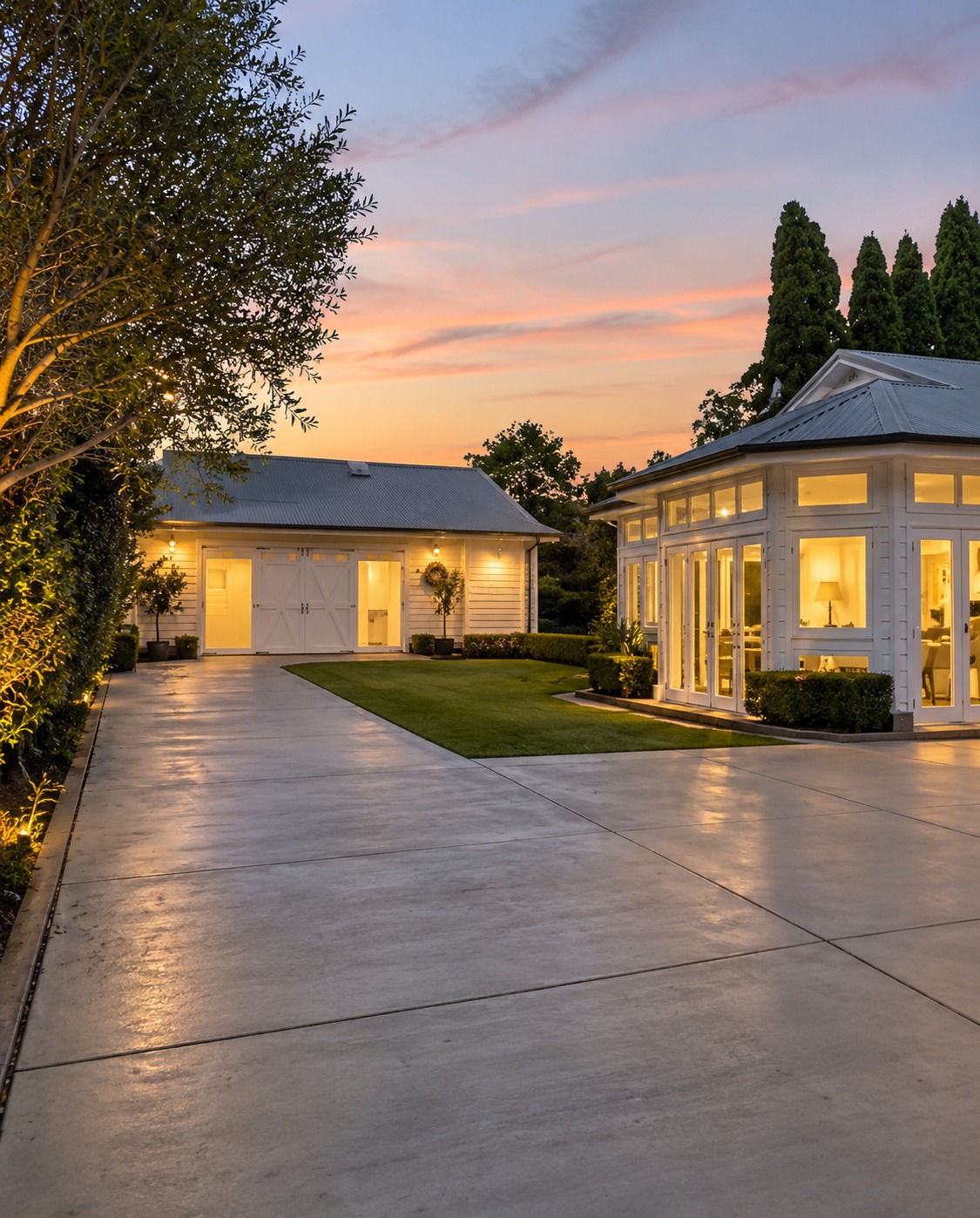 Jointed concrete driveway and courtyard at dusk in Hobart, Tasmania