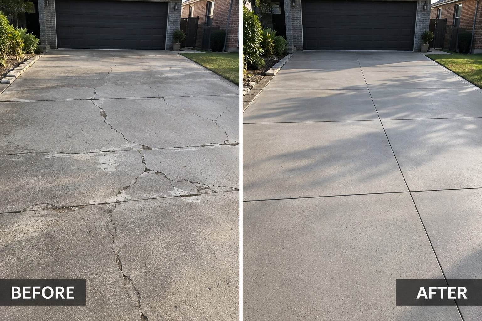 Before and after in Hobart — a badly cracked driveway replaced with new jointed concrete