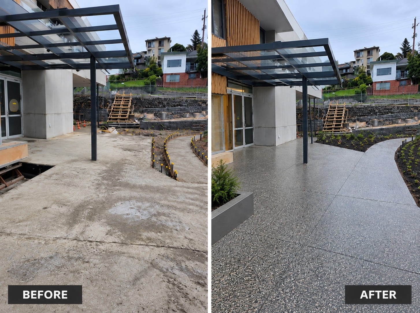 Before and after in Hobart — a commercial entry and path finished in exposed aggregate