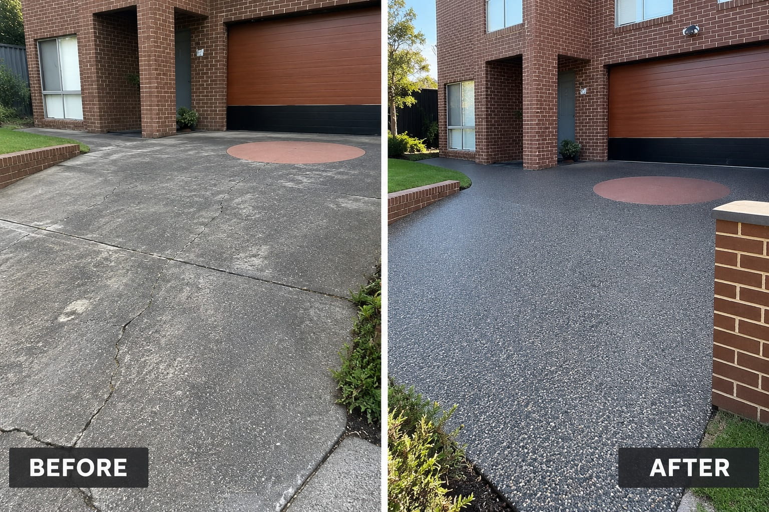 Before and after in Hobart — a cracked plain driveway resurfaced in dark exposed aggregate