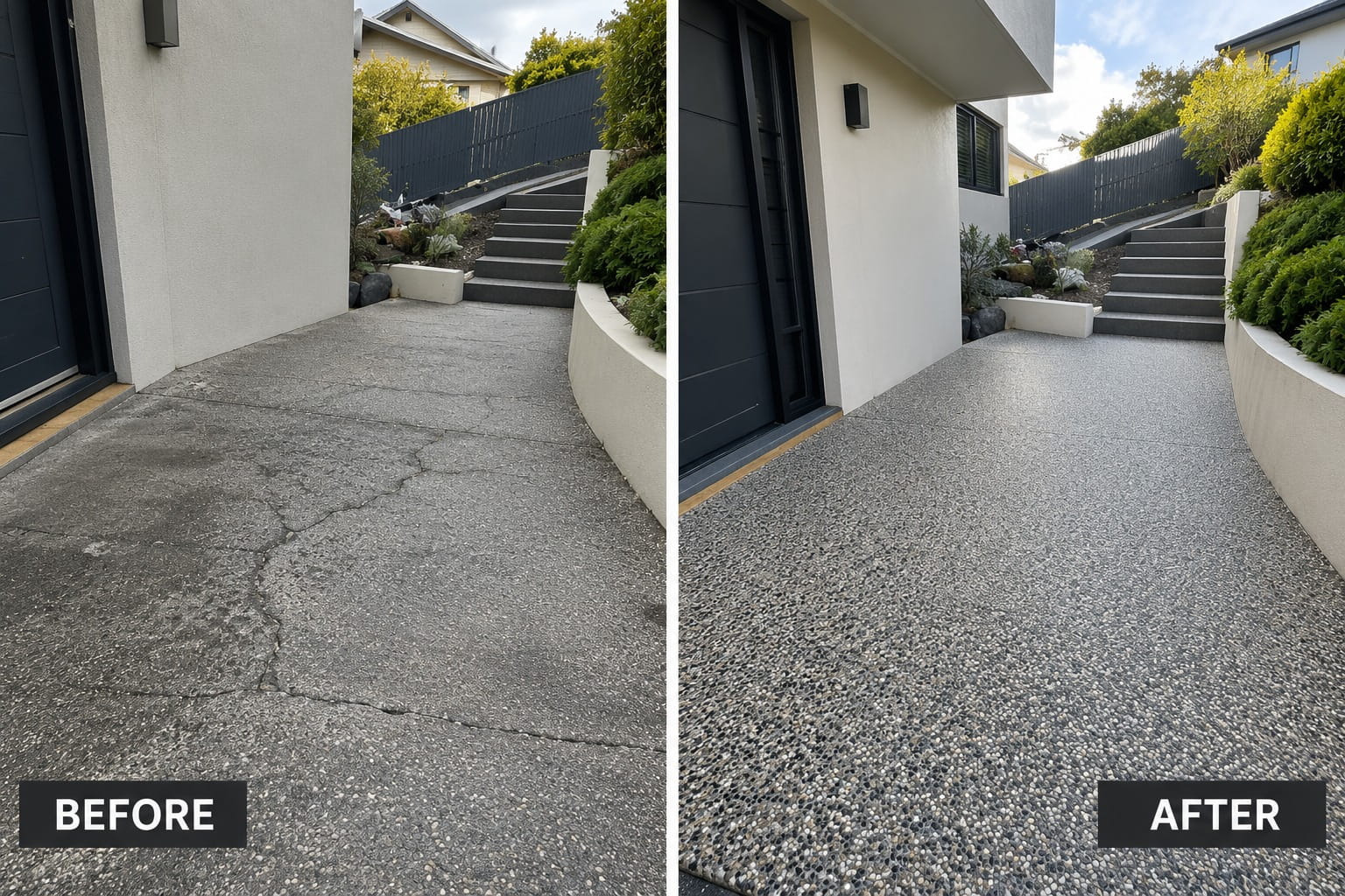Before and after in Hobart — a cracked garage approach finished in exposed aggregate