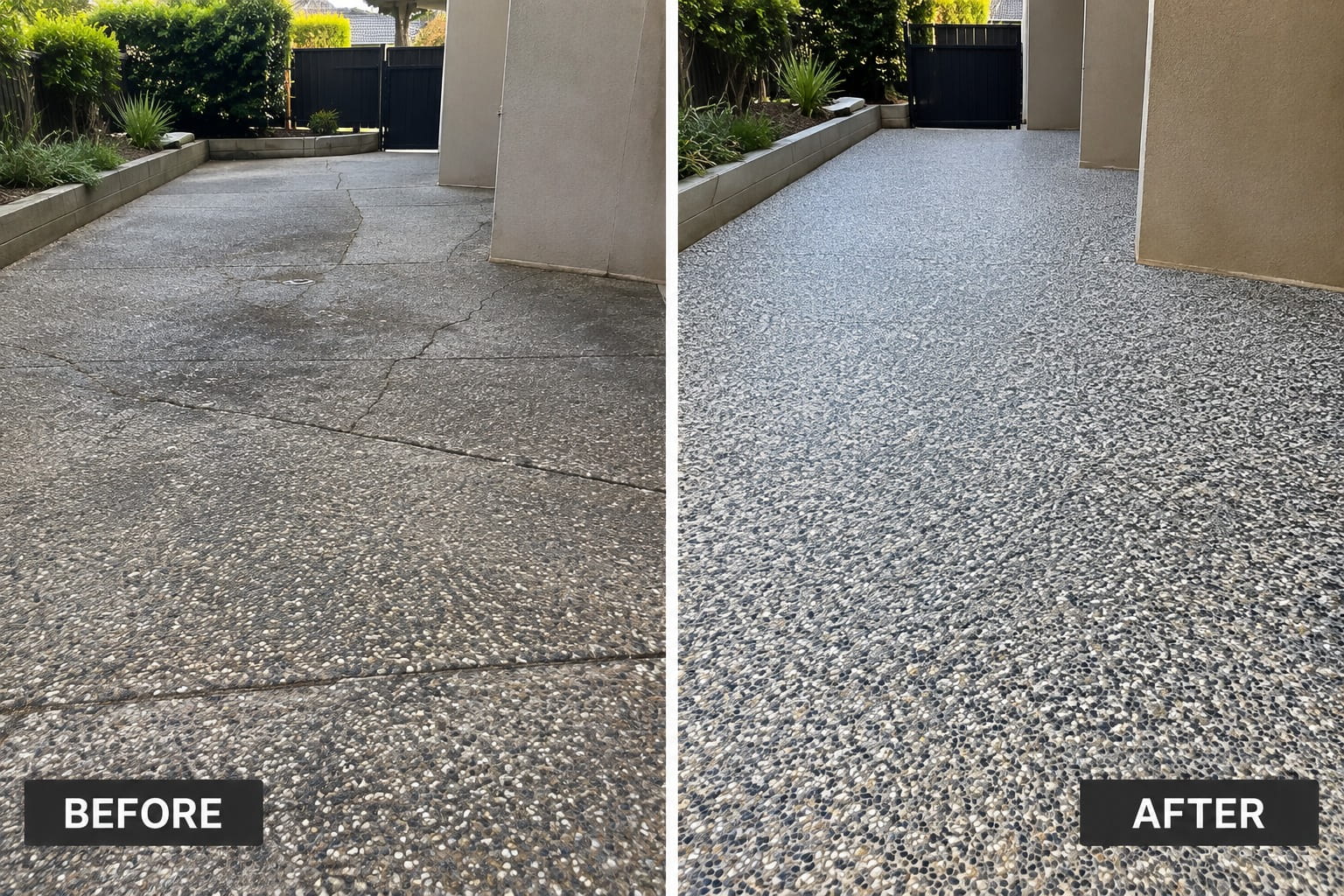 Before and after in Hobart — a cracked, stained side path relaid in fresh exposed aggregate