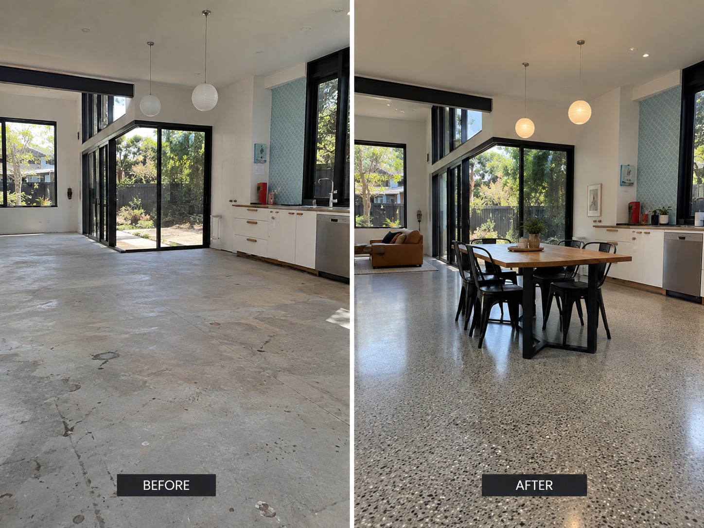 Before and after in Hobart — an open-plan kitchen and dining floor finished in ground and sealed concrete