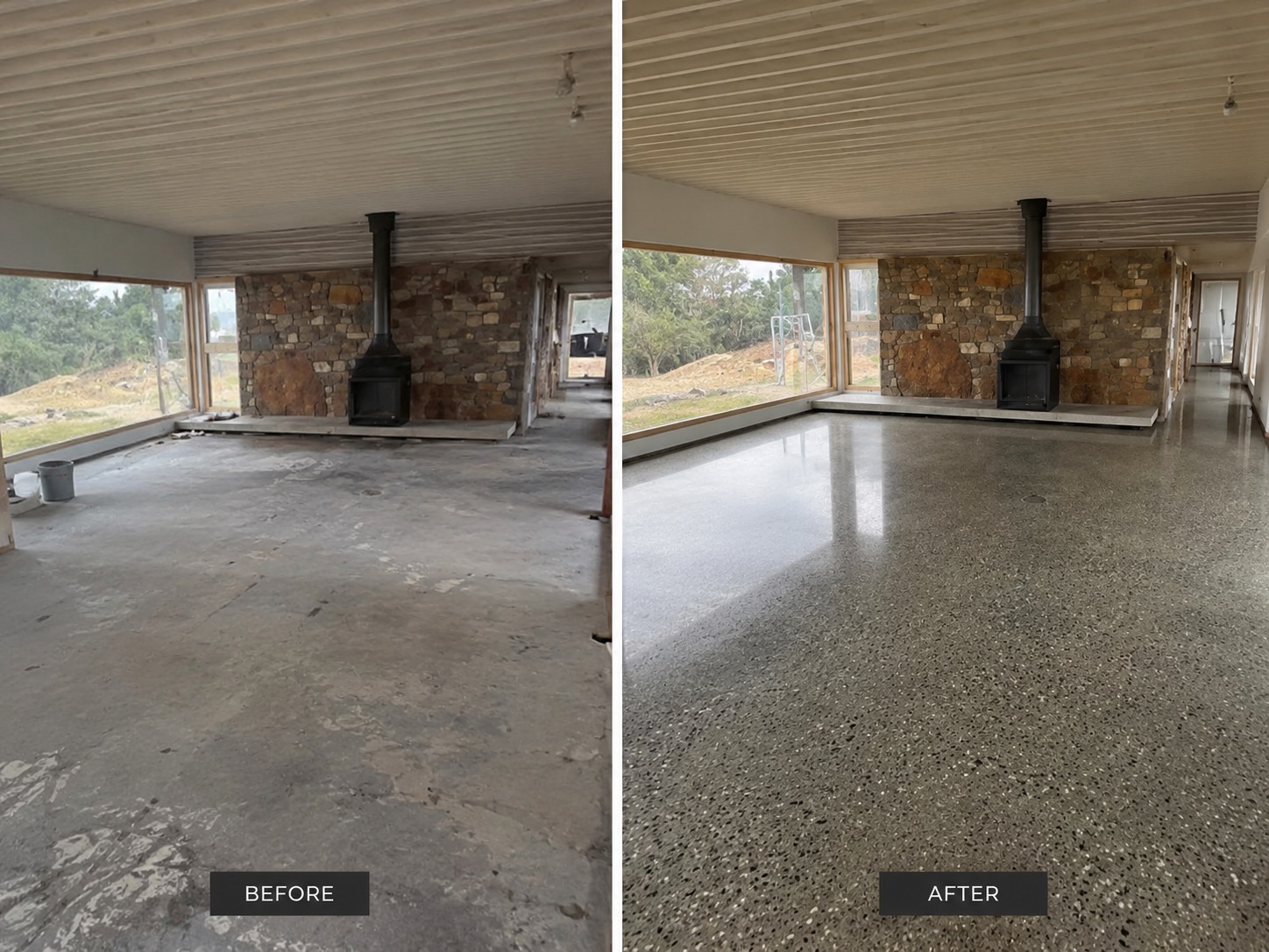 Before and after in Hobart — a stained living room slab beside a stone fireplace ground to an exposed aggregate finish