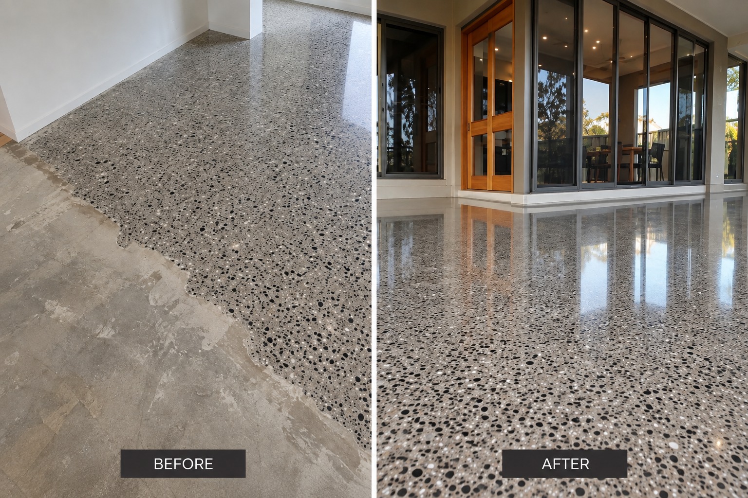 Before and after in Hobart — a bare slab ground back to reveal the aggregate, then polished outside the glass doors